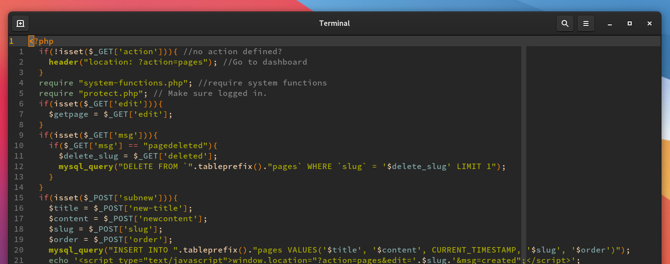 A screenshot showing some messy PHP code in a terminal.